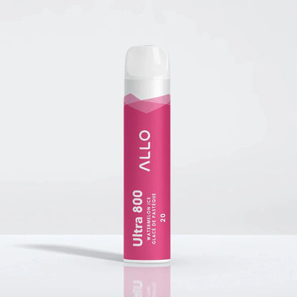 Allo Ultra 800 Watermelon Ice disposable vape featuring a pink cylindrical body with white text and a clear mouthpiece on a white reflective surface.