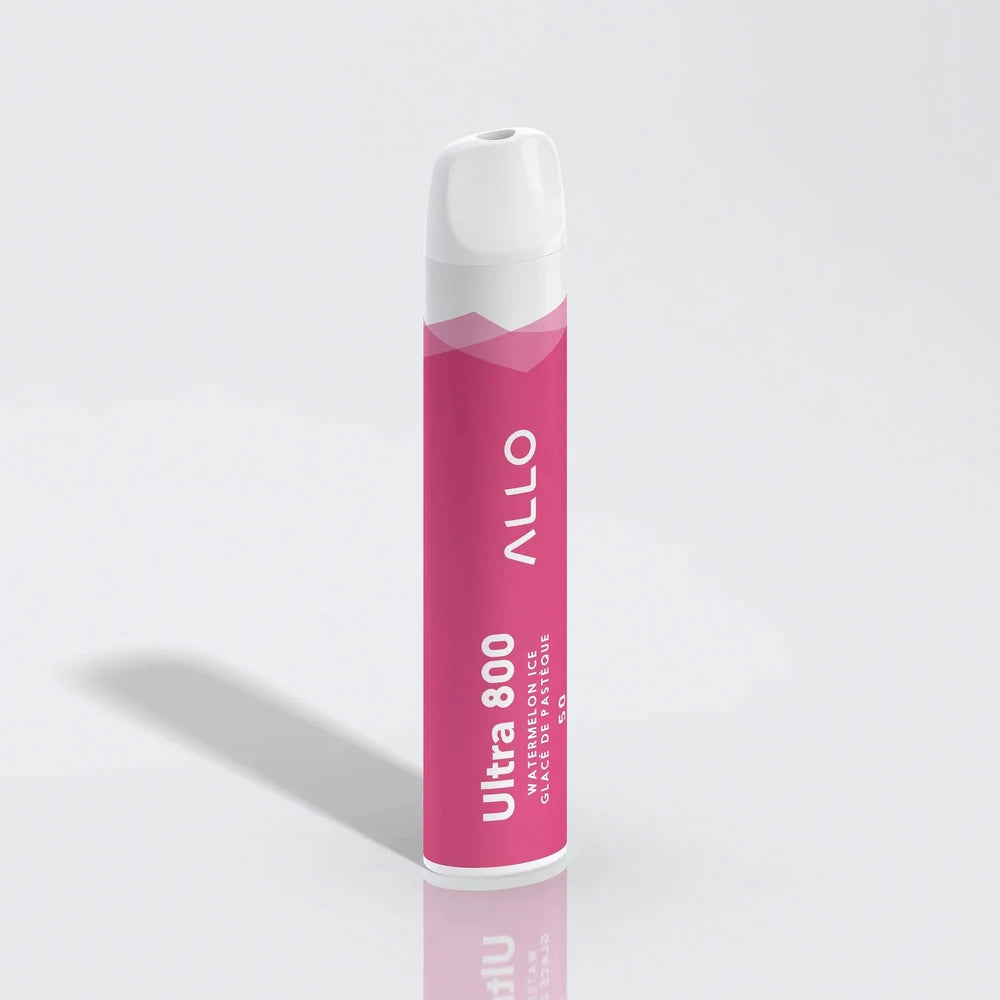 An Allo Ultra 800 Watermelon Ice disposable vape featuring a pink cylindrical body with a white mouthpiece and text reading Allo Ultra 800 Watermelon Ice Glacé de Pastèque.