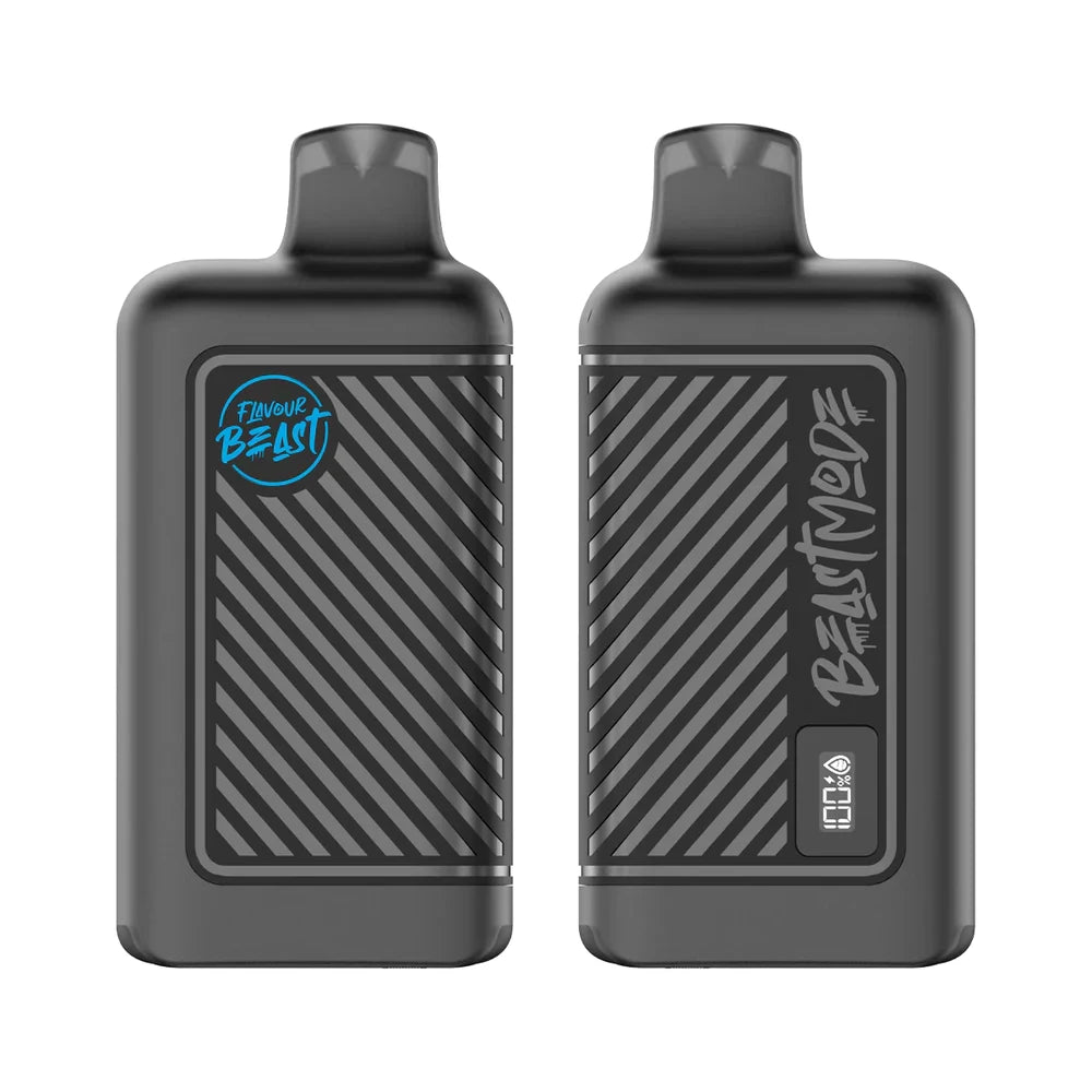 Two black Flavour Beast disposable vapes are displayed against a white background, with the left unit showing the brand logo and the right unit featuring a digital display screen showing 100% battery and liquid levels alongside the text Beast Mode.