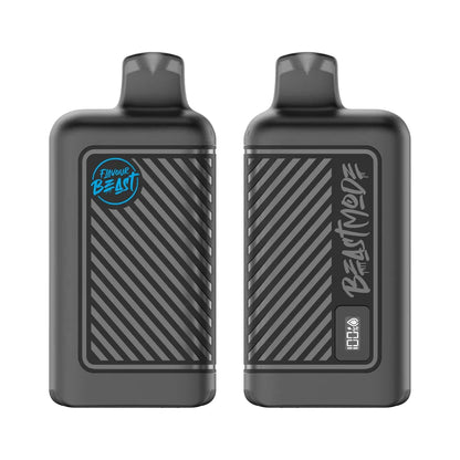 Two black Flavour Beast disposable vapes are displayed against a white background, with the left unit showing the brand logo and the right unit featuring a digital display screen showing 100% battery and liquid levels alongside the text Beast Mode.