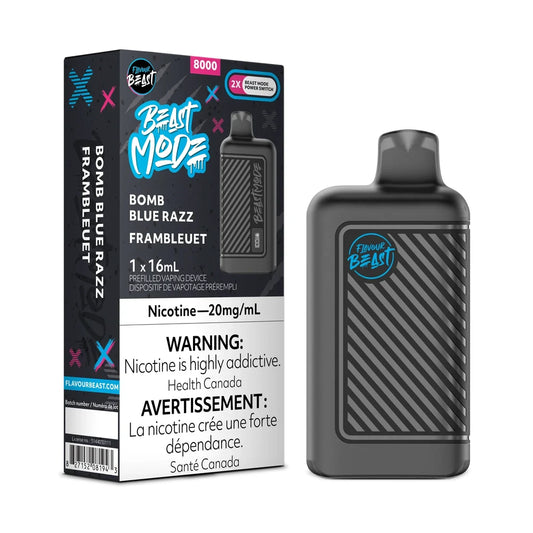 A Flavour Beast Mode 8K Bomb Blue Razz disposable vape device stands next to its black and blue retail box, which features the product name, a 20mg/mL nicotine warning, and a 16mL capacity label.