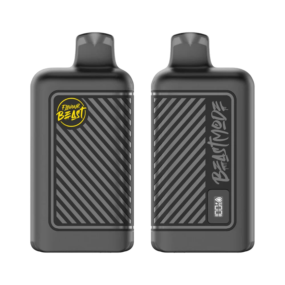 Front and back view of two black Flavour Beast Mode 8K disposable vapes featuring a diagonal striped texture, a yellow brand logo, and a digital display screen showing battery and e-liquid levels.