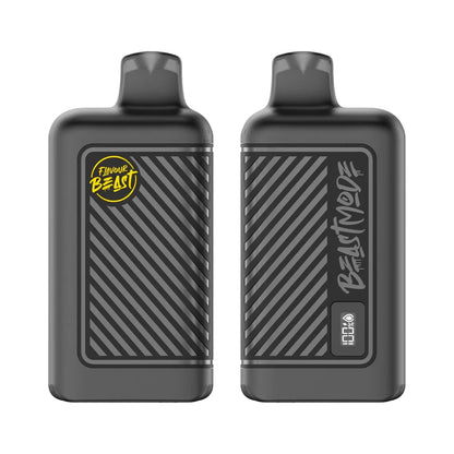 Front and back view of two black Flavour Beast Mode 8K disposable vapes featuring a diagonal striped texture, a yellow brand logo, and a digital display screen showing battery and e-liquid levels.
