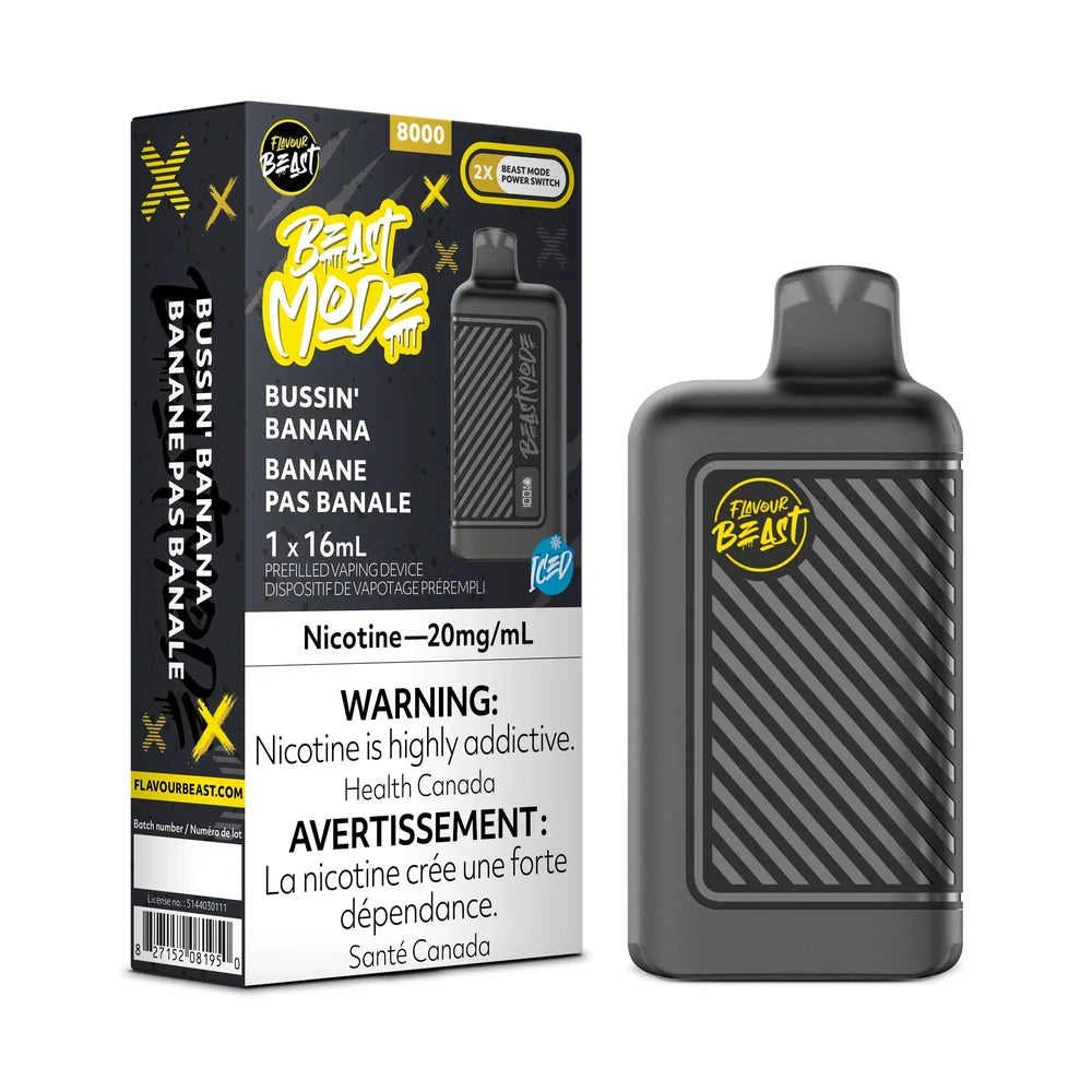 A Beast Mode 8K Bussin' Banana Iced disposable vape device stands next to its black and yellow rectangular packaging, which features the product name, a 20mg/mL nicotine warning, and a 16mL capacity label against a plain black background.