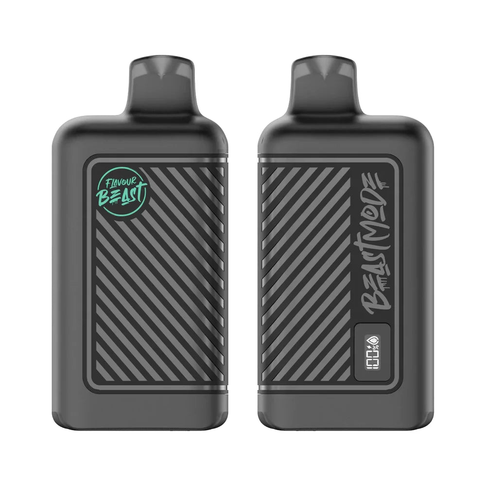 Two black Flavour Beast disposable vapes are shown side-by-side, with the left unit displaying the brand logo and the right unit featuring the Beast Mode text and a digital battery and e-liquid percentage display.