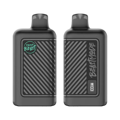 Two black Flavour Beast disposable vapes are shown side-by-side, with the left unit displaying the brand logo and the right unit featuring the Beast Mode text and a digital battery and e-liquid percentage display.