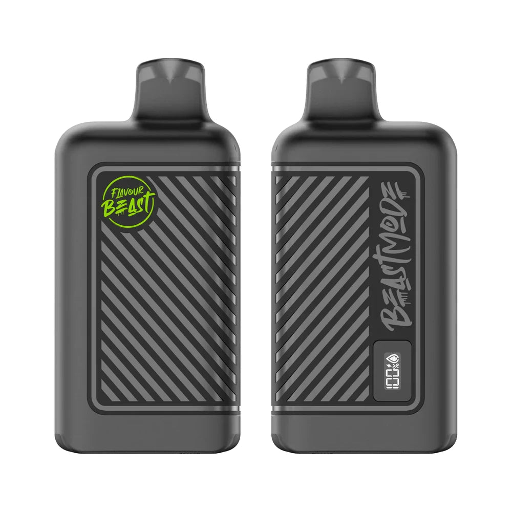 Two matte black Flavour Beast disposable vapes are displayed side-by-side, with the left unit showing the brand logo and the right unit featuring a digital display screen labeled Beast Mode.