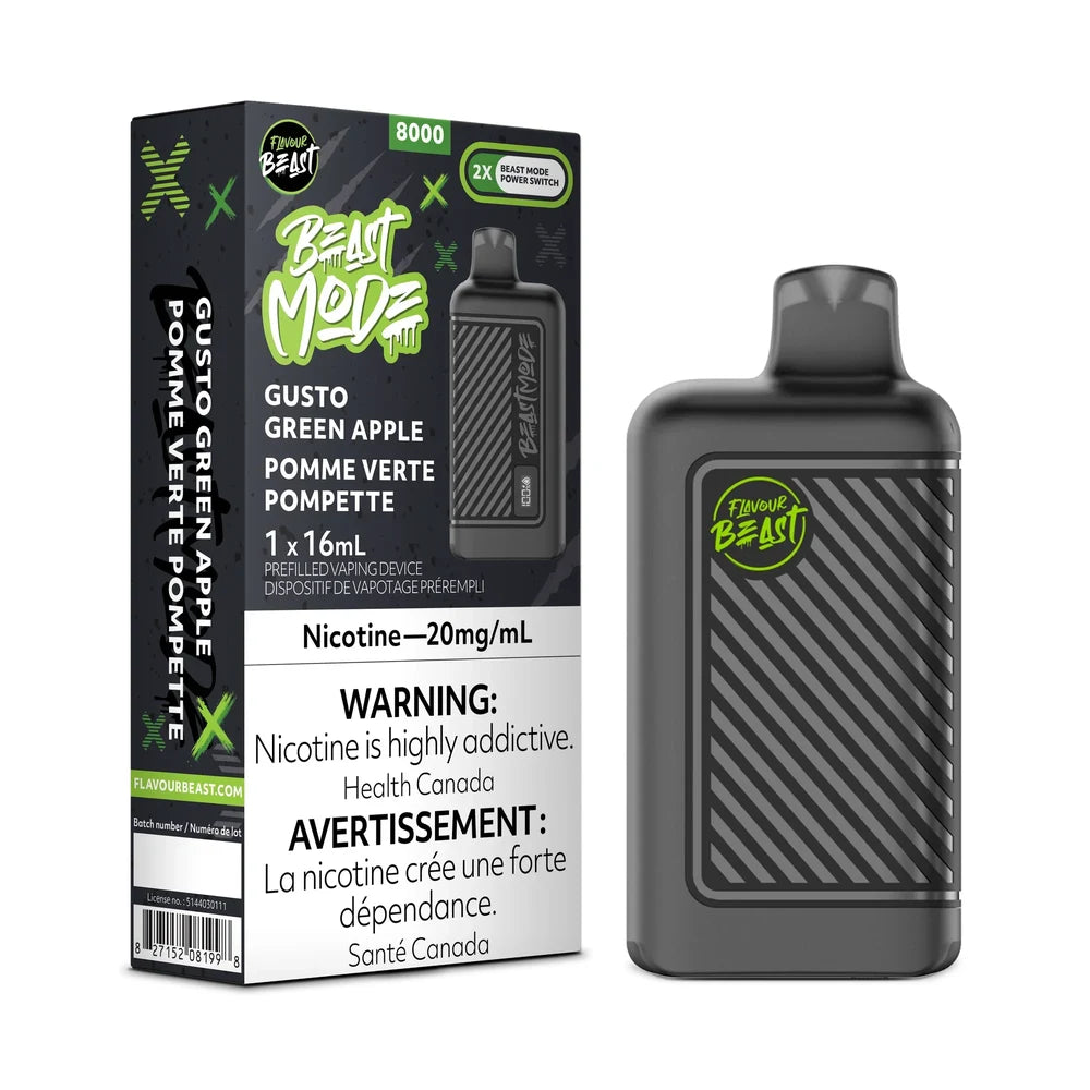 Beast Mode 8K Gusto Green Apple disposable vape shown next to its black and green packaging, which features the product name, a 20mg/mL nicotine warning, and a 16mL capacity label.