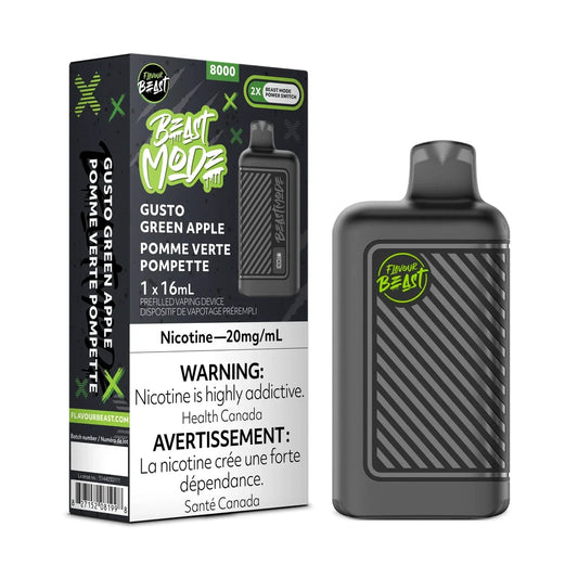 Beast Mode 8K Gusto Green Apple disposable vape shown next to its black and green packaging, which features the product name, a 20mg/mL nicotine warning, and a 16mL capacity label.