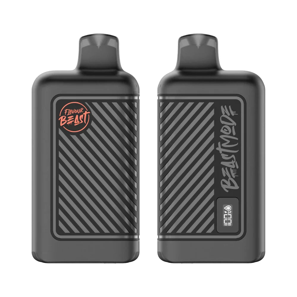 Two black Flavour Beast disposable vapes are shown side-by-side, with the left device displaying the orange Flavour Beast logo and the right device featuring the Beast Mode text and a digital battery and liquid level display.
