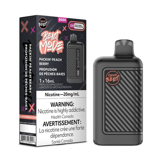 A Flavour Beast Mode 8K disposable vape device in matte black with a striped textured panel sits next to its matching product box, which features the Packin' Peach Berry flavor name, nicotine strength of 20mg/mL, and mandatory Health Canada warning labels.