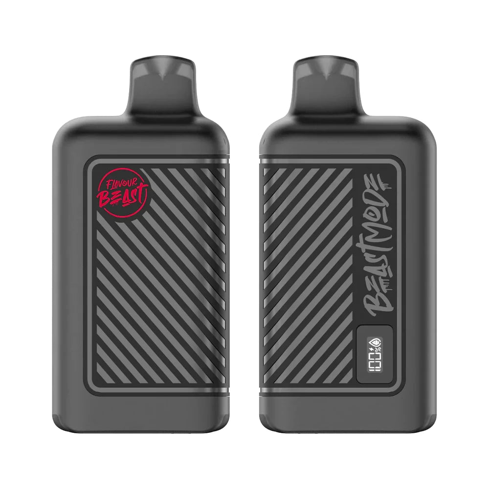 Two black Flavour Beast disposable vapes are displayed side by side against a white background, with one showing the brand logo and the other featuring a digital display screen labeled Beast Mode.