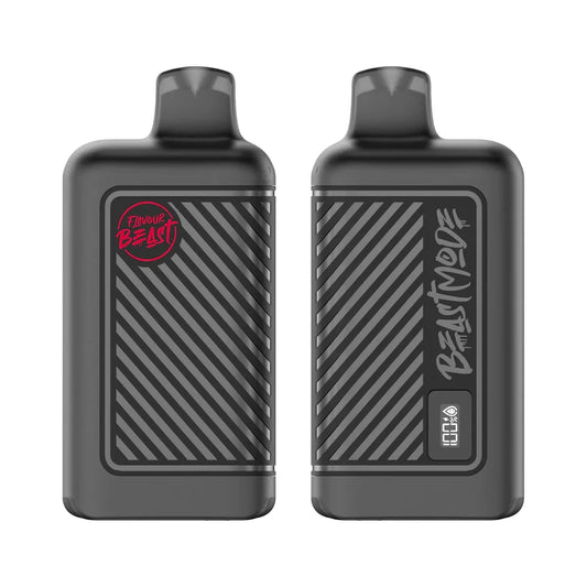 Two black Flavour Beast disposable vapes are displayed side by side against a white background, with one showing the brand logo and the other featuring a digital display screen labeled Beast Mode.