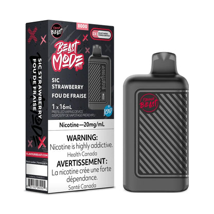 A Flavour Beast Mode 8K Sic Strawberry disposable vape device stands next to its black and red retail packaging, which features the product name, a 20mg/mL nicotine warning, and a 16mL capacity label.