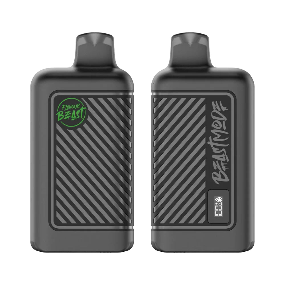 Two matte black Flavour Beast Mode 8K disposable vapes are shown side-by-side, with the left unit displaying a green logo and the right unit featuring a digital display showing 100% battery and liquid levels.
