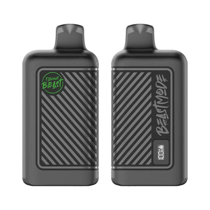 Two matte black Flavour Beast Mode 8K disposable vapes are shown side-by-side, with the left unit displaying a green logo and the right unit featuring a digital display showing 100% battery and liquid levels.