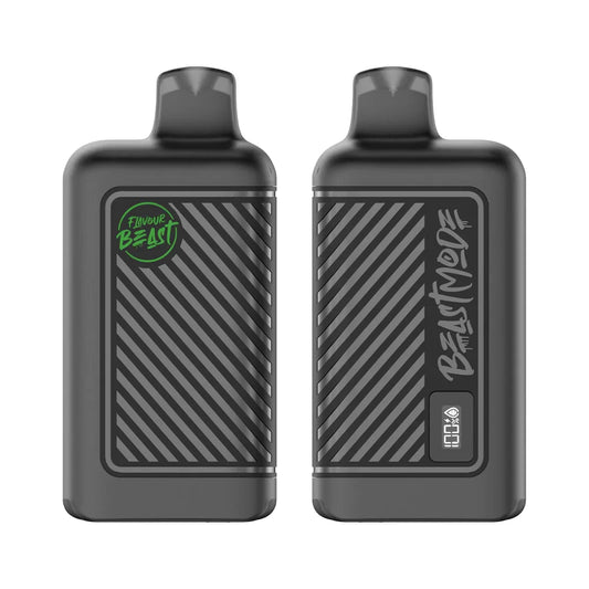 Two matte black Flavour Beast Mode 8K disposable vapes are shown side-by-side, with the left unit displaying a green logo and the right unit featuring a digital display showing 100% battery and liquid levels.