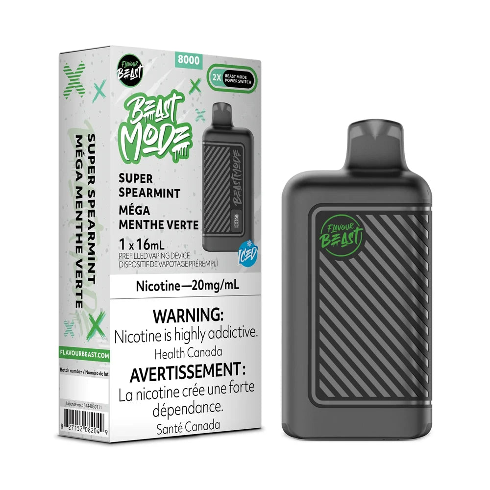 A Flavour Beast Mode 8K Super Spearmint disposable vape device stands next to its white and green retail packaging, which features the product name, an 8000 puff count, a 20mg/mL nicotine warning, and an iced flavor label.