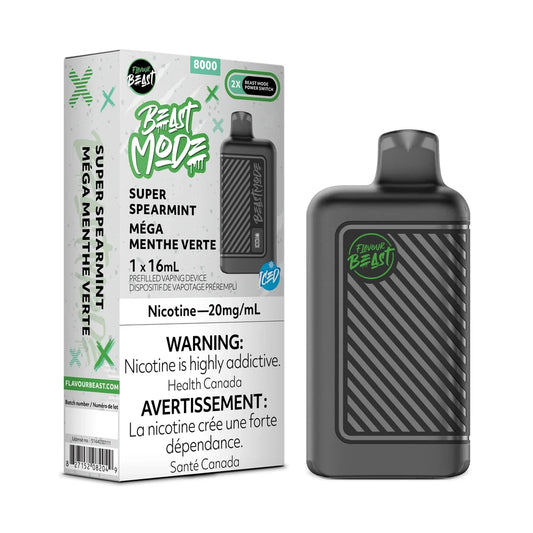 A Flavour Beast Mode 8K Super Spearmint disposable vape device stands next to its white and green retail packaging, which features the product name, an 8000 puff count, a 20mg/mL nicotine warning, and an iced flavor label.
