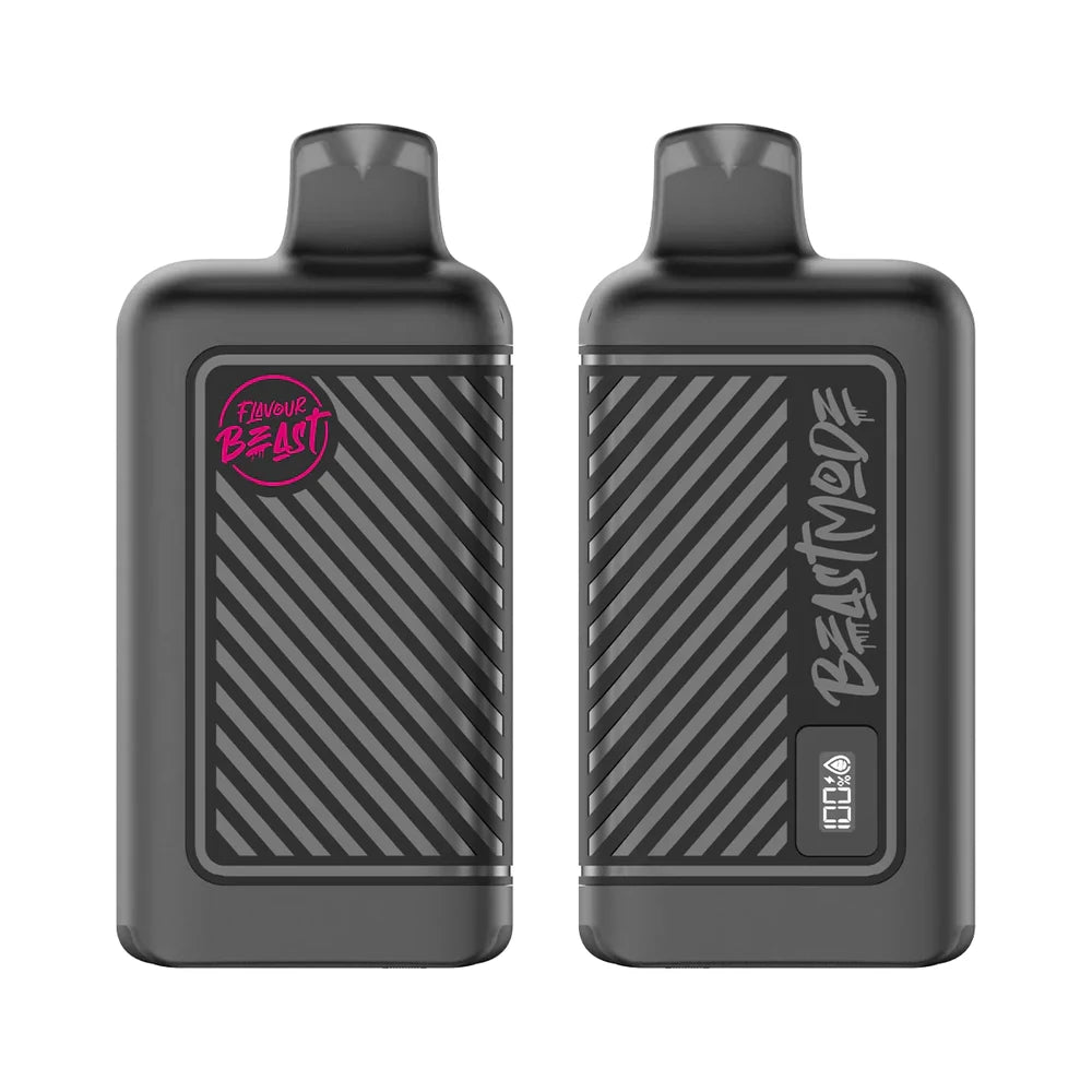 Two black Flavour Beast disposable vapes are displayed against a white background, one showing the brand logo and the other featuring a digital battery display and the text Beast Mode.