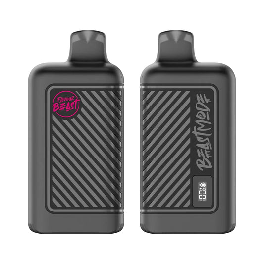 Two black Flavour Beast disposable vapes are displayed against a white background, one showing the brand logo and the other featuring a digital battery display and the text Beast Mode.