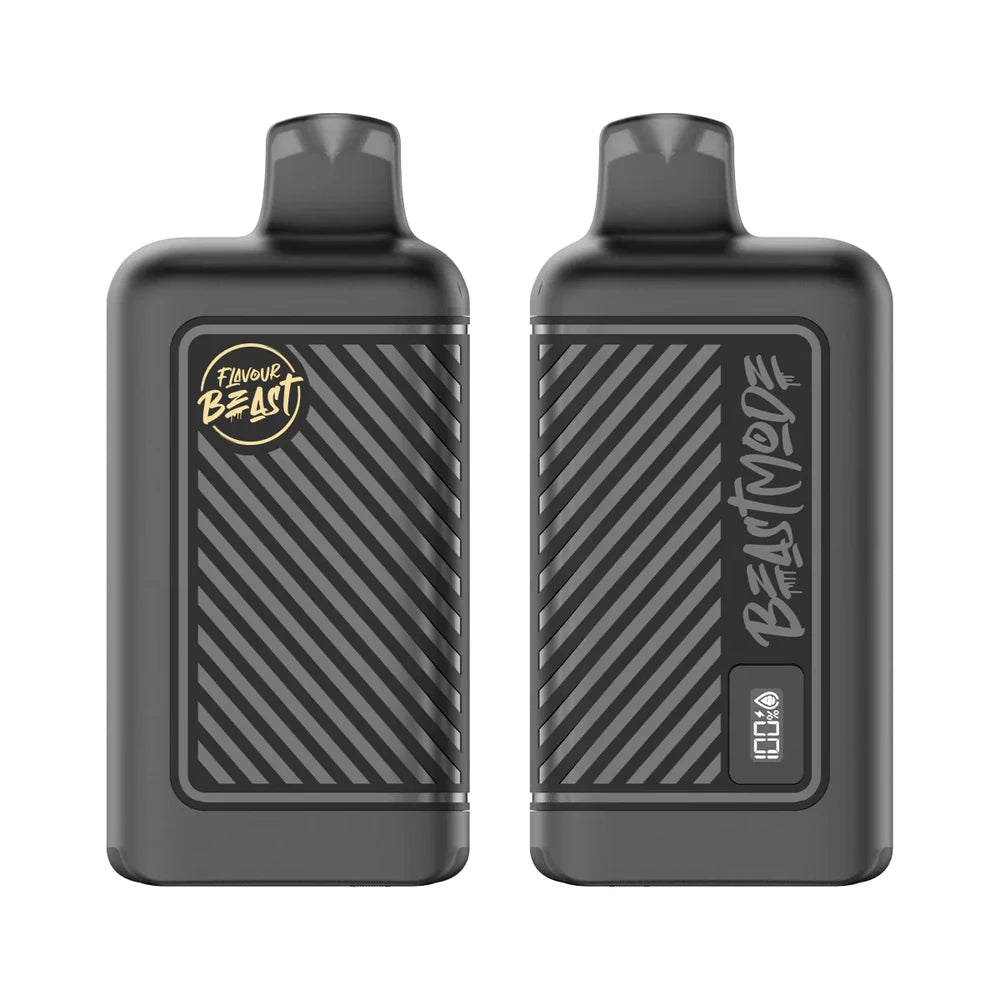 Two matte black Flavour Beast disposable vapes are displayed side-by-side against a white background, with the left unit featuring a gold logo and the right unit showing a digital battery and e-liquid level display labeled Beast Mode.