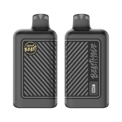 Two matte black Flavour Beast disposable vapes are displayed side-by-side against a white background, with the left unit featuring a gold logo and the right unit showing a digital battery and e-liquid level display labeled Beast Mode.