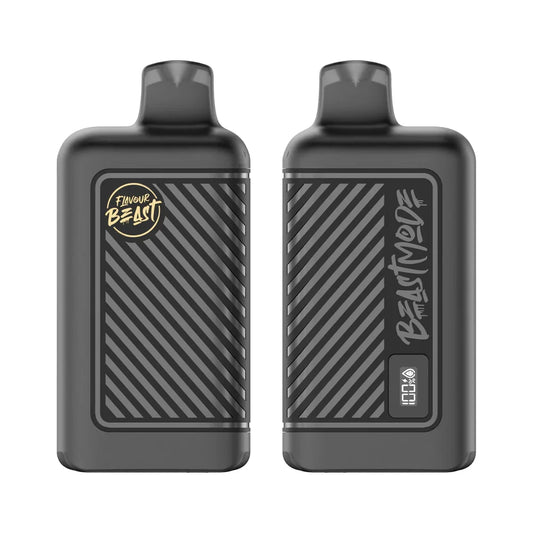 Two matte black Flavour Beast disposable vapes are displayed side-by-side against a white background, with the left unit featuring a gold logo and the right unit showing a digital battery and e-liquid level display labeled Beast Mode.