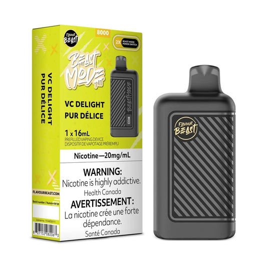 A Flavour Beast Mode 8K VC Delight disposable vape device stands next to its yellow and white product packaging, which features the brand logo, a 20mg/mL nicotine warning, and a 16mL capacity label.