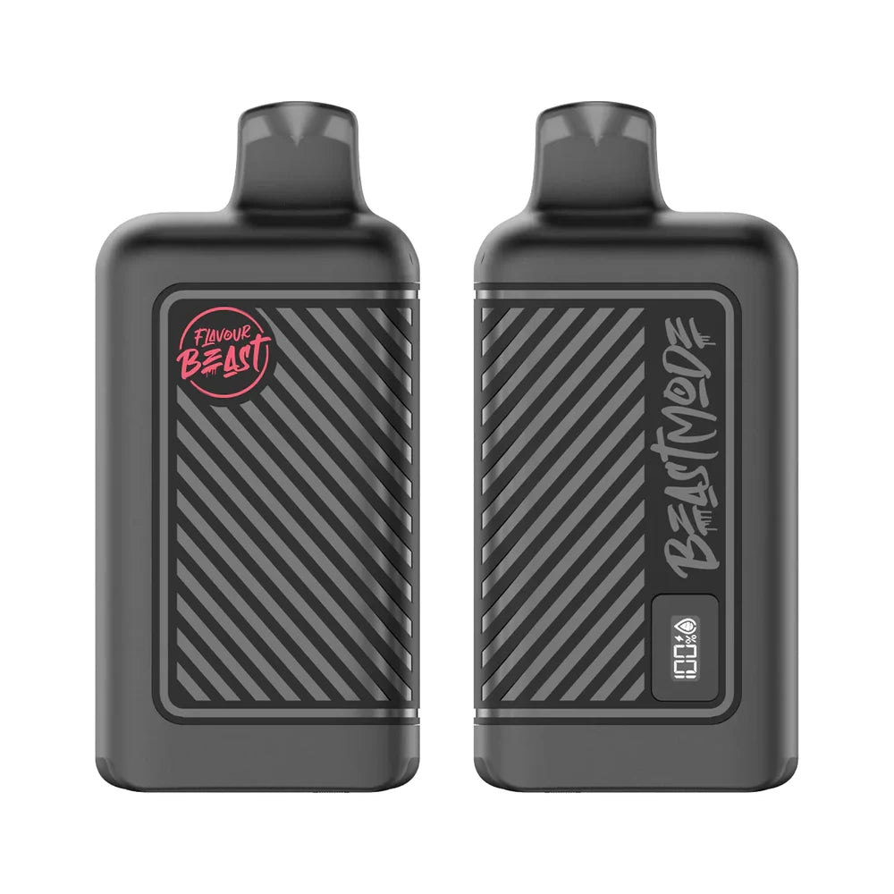 Two matte black Flavour Beast Mode 8K disposable vapes are displayed side-by-side, featuring a striped textured panel, a digital battery and e-liquid level indicator, and branding that reads Flavour Beast and Beast Mode.