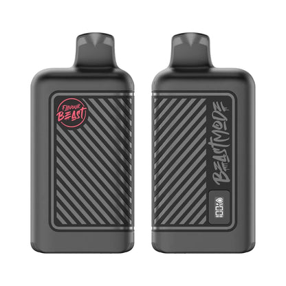 Two matte black Flavour Beast Mode 8K disposable vapes are displayed side-by-side, featuring a striped textured panel, a digital battery and e-liquid level indicator, and branding that reads Flavour Beast and Beast Mode.