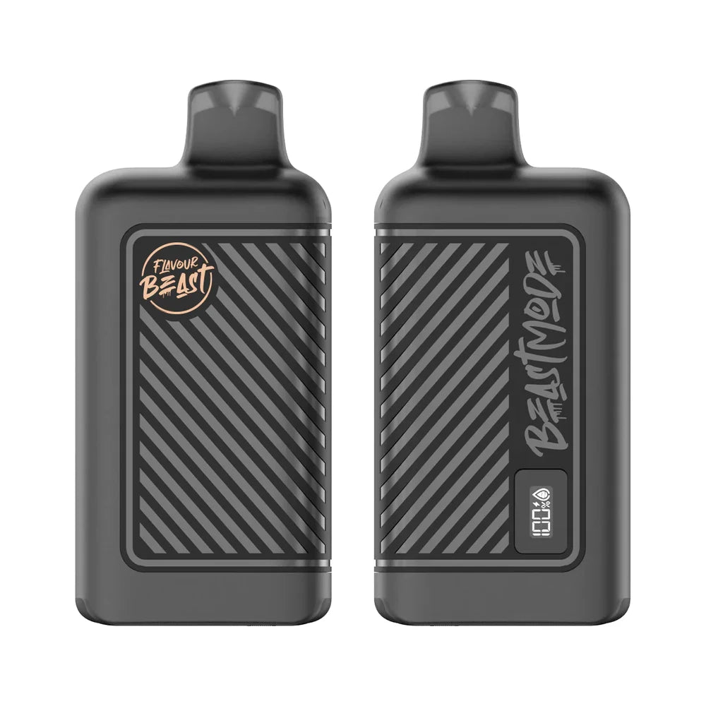 Two matte black Flavour Beast Mode 8K disposable vapes are displayed side-by-side, featuring a diagonal striped texture, a digital battery and e-liquid indicator screen, and branding that reads Flavour Beast and Beast Mode.