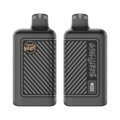 Two matte black Flavour Beast Mode 8K disposable vapes are displayed side-by-side, featuring a diagonal striped texture, a digital battery and e-liquid indicator screen, and branding that reads Flavour Beast and Beast Mode.