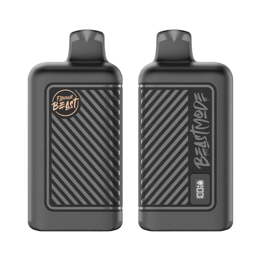 Two matte black Flavour Beast Mode 8K disposable vapes are displayed side-by-side, featuring a diagonal striped texture, a digital battery and e-liquid indicator screen, and branding that reads Flavour Beast and Beast Mode.