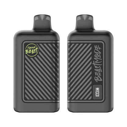 Two black Flavour Beast Mode 8K disposable vapes shown from front and back angles, featuring a diagonal striped texture, a green circular logo, the text Beast Mode, and a digital display screen indicating 100% battery and e-liquid levels.