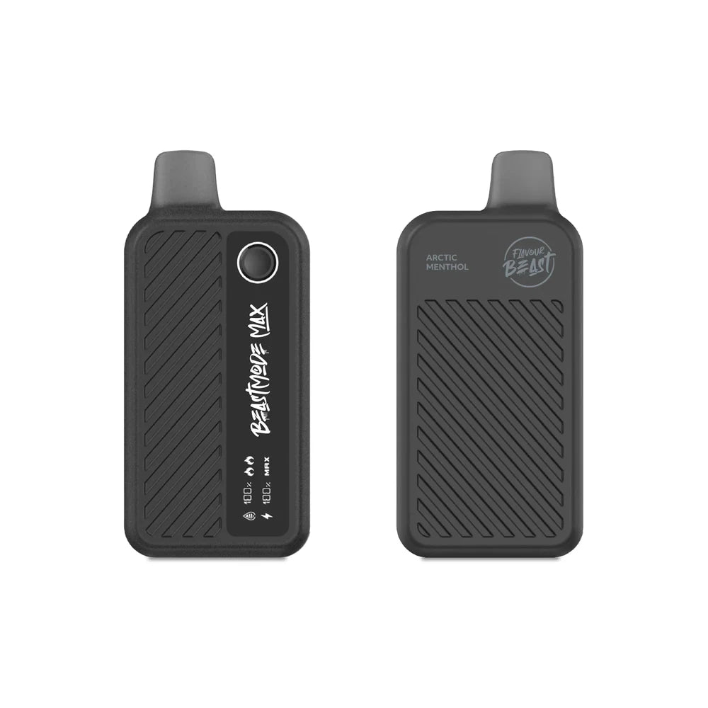 Two matte black Flavour Beast Mode Max 18K disposable vapes in Arctic Menthol flavor are displayed side-by-side, showing the front interface with a digital display and the back panel with branding against a plain white background.