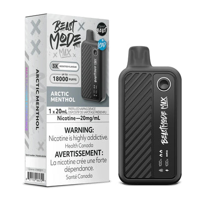 A Beast Mode Max 18K Arctic Menthol disposable vape device stands next to its grey and white retail box, both featuring black textured surfaces, digital display icons, and clear branding indicating a 20mg/mL nicotine concentration and 18,000 puff capacity.