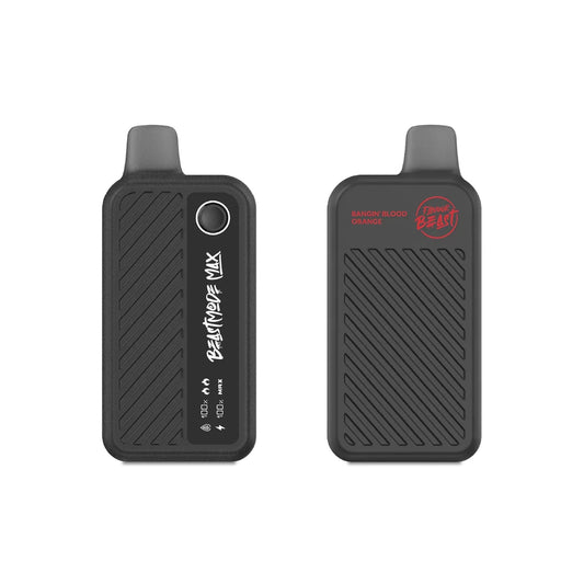 Front and back view of a black Flavour Beast Mode Max 18K disposable vape in Bangin' Blood Orange, featuring a digital display screen showing battery and e-liquid levels alongside a textured grip design.