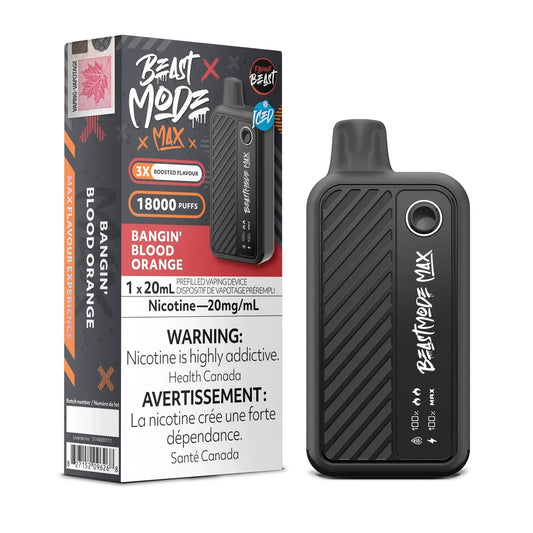 A black Beast Mode Max disposable vape device stands next to its retail packaging, which features a red and black design with the text Bangin' Blood Orange, 18000 Puffs, and a nicotine warning label.