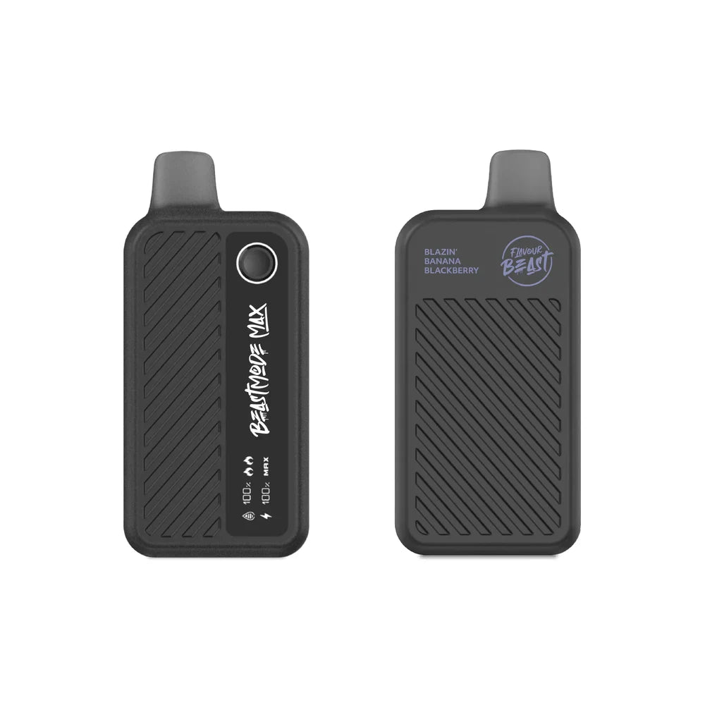 Two views of a black Flavour Beast Mode Max 18K disposable vape featuring a digital display screen, a textured diagonal-striped body, and the text Blazin' Banana Blackberry printed on the front.