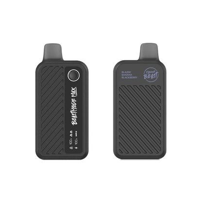 Two views of a black Flavour Beast Mode Max 18K disposable vape featuring a digital display screen, a textured diagonal-striped body, and the text Blazin' Banana Blackberry printed on the front.