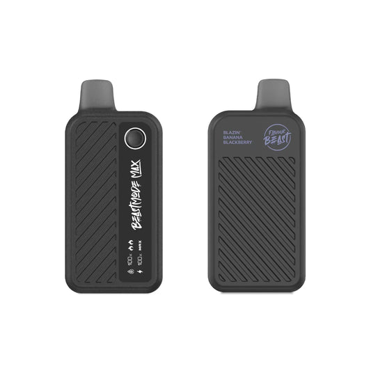 Two views of a black Flavour Beast Mode Max 18K disposable vape featuring a digital display screen, a textured diagonal-striped body, and the text Blazin' Banana Blackberry printed on the front.