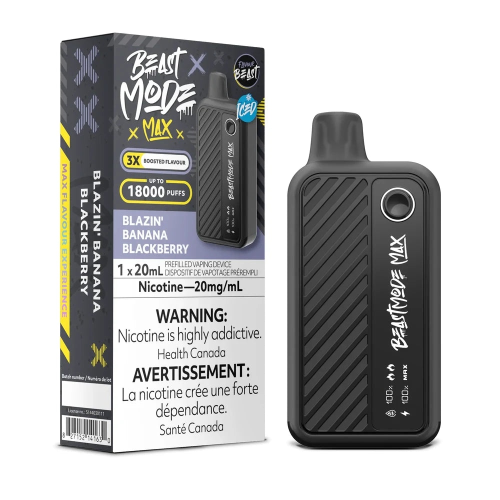 A Beast Mode Max 18K disposable vape device stands next to its black and yellow retail box, which features the Blazin' Banana Blackberry flavor name, a 20mg/mL nicotine warning, and a 18000 puff capacity label against a plain white background.