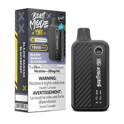 A Beast Mode Max 18K disposable vape device stands next to its black and yellow retail box, which features the Blazin' Banana Blackberry flavor name, a 20mg/mL nicotine warning, and a 18000 puff capacity label against a plain white background.