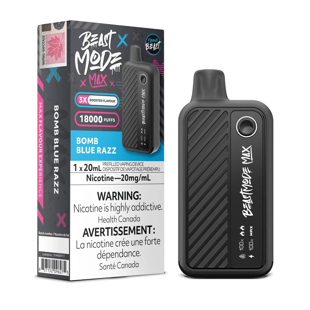 A Beast Mode Max 18K disposable vape device in black stands next to its matching product box, which features a blue and black design with text including Bomb Blue Razz, 18000 puffs, and nicotine warning labels.
