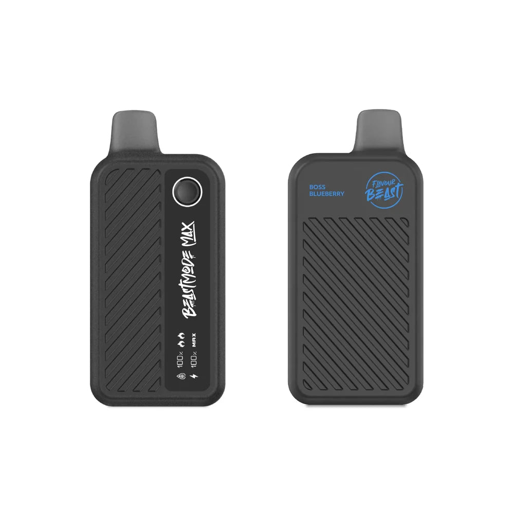 Two views of a matte black Flavour Beast Mode Max 18K disposable vape in Boss Blueberry flavor, showing the textured grip, the digital display screen with battery and liquid indicators, and the brand logo against a plain white background.
