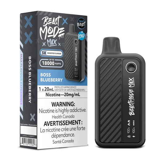 A Beast Mode Max 18K Boss Blueberry Iced disposable vape device stands next to its black and blue retail packaging, which features the product name, a 18000 puff rating, and mandatory Health Canada nicotine warning labels.