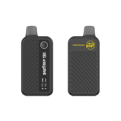 Two views of a matte black Beast Mode Max 18K disposable vape in the Bussin Banana flavor, featuring a digital display screen showing battery and e-liquid levels on the left and the Flavour Beast logo on the right.