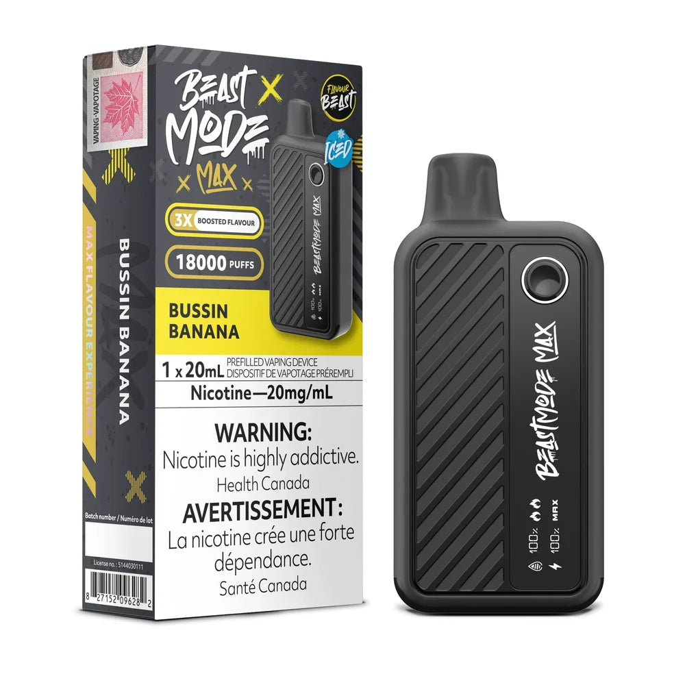 Beast Mode Max 18K Bussin Banana Iced disposable vape device standing next to its black and yellow retail packaging, featuring a digital display and a 20mL e-liquid capacity.