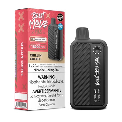 Beast Mode Max 18K Chillin' Coffee iced disposable vape device shown next to its red and tan retail packaging, which features the product name, nicotine strength of 20mg/mL, and a Health Canada warning label.